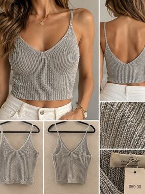 NWT Made in Italy Silver Metallic Lurex Knit Crop Top – V-Neck Cami